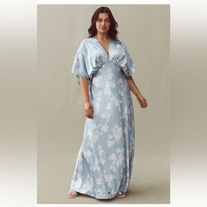 BHLDN Deep V-Flutter Sleeve Satin A-Line Gown